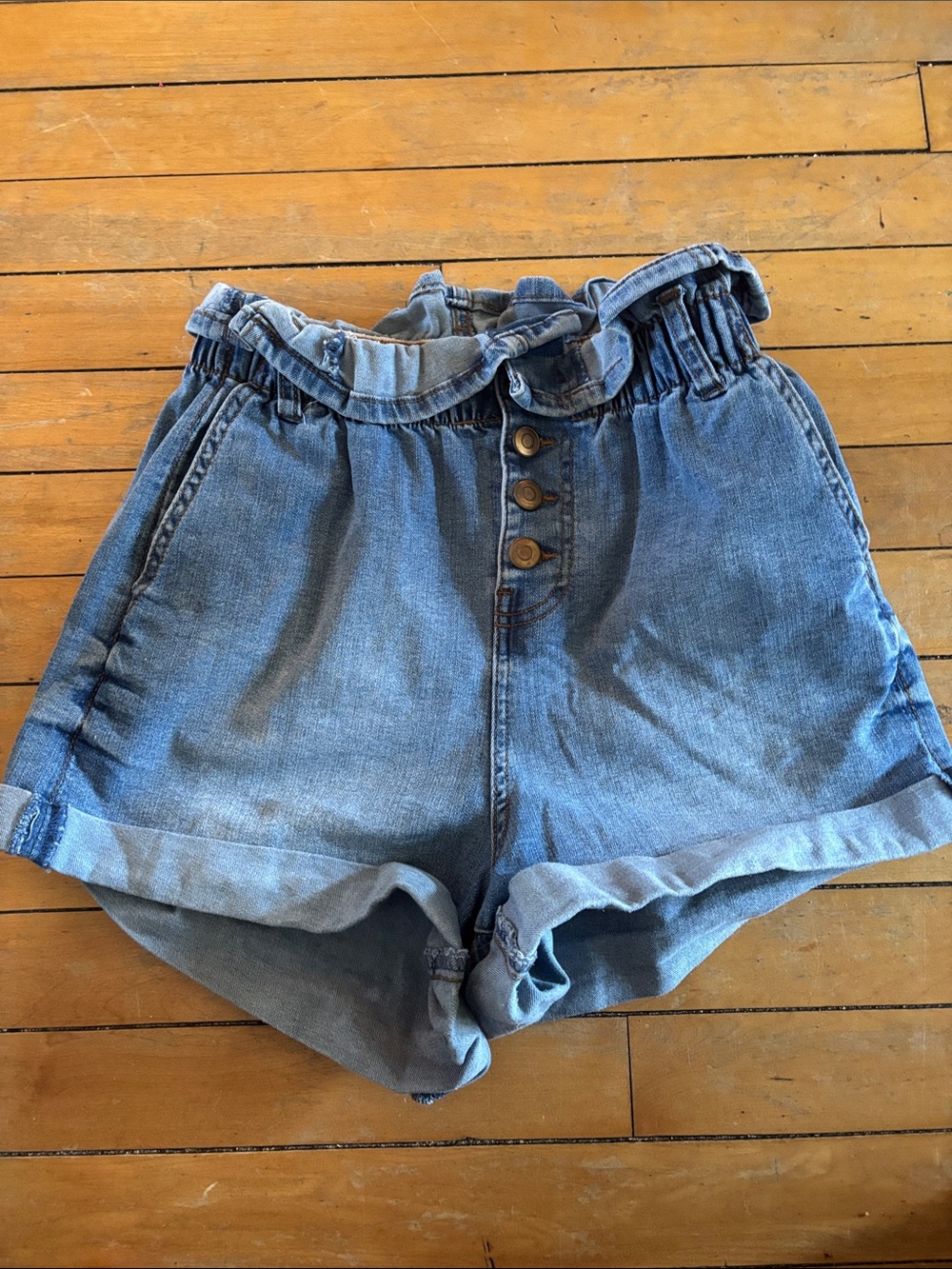 EUC High-Waist Paperbag Denim Shorts - Light Blue